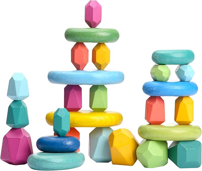OESSUF Stacking Rocks 26Pcs Stacking Blocks Balancing Stones Wooden Building Toys Wood Stone Stacking Game for Toddler Sorting Preschool Educational Montessori Stacking Rocks for Kids