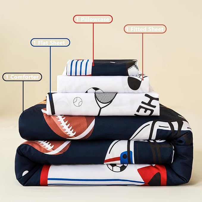 PERFEMET Sports Bedding Set Twin Size 4 Pcs Reversible Ball Sport Theme Comforter Set for Boys Girls Soft Reversible Navy Blue Baseball Football Kids Bed in a Bag(Sport, Twin)
