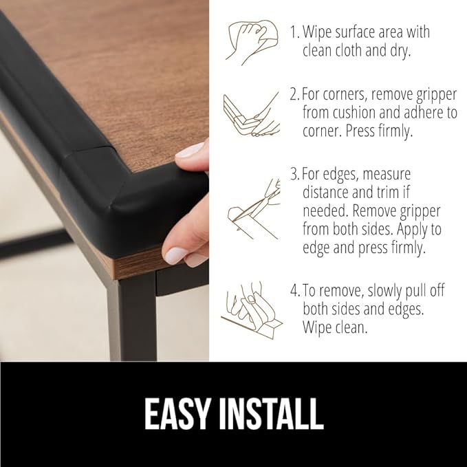 GORILLA GRIP Baby Proof Corners and Edges for Furniture, Kid Proofing Adhesive Table Corner Protectors, Heavy Duty Soft Rubber Foam Protection, Includes 8 Protective Safety Guards, 15 Feet, Black
