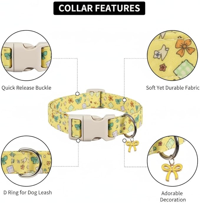 Cute Dog Collar with Yellow Bow Pattern, Girl Dog Collar for Small Dogs, Adjustable Spring/Summer Puppy Collar Made of Soft Fabric and Quick Release Buckle, S