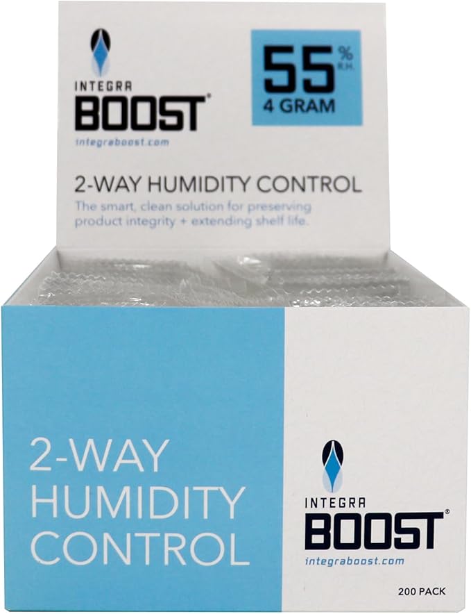 Integra Boost 55% RH Level - 4 Gram Size - Two-Way Humidity Control Pack - Incl. Replacement Indicator Cards - Food Storage & Herbs Moisture Balancer for Up to 1/2 oz (Pack of 200)