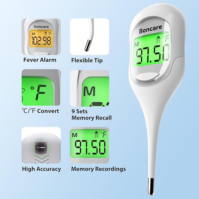Boncare 9 Seconds Basal Body Thermometer for Ovulation, Oral Thermometer for Adults and Kids - Accurate Rectal Thermometer, with Fever Alarm and Large Display (Rice-White)