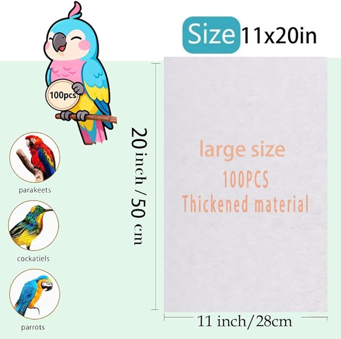 Bird Cage Liners-100PCS-11'' X 20''Disposable Non-WovenBird Cage Tray Liners, Disposable Sheets for Birds,Cages Accessories for Pet Bird Parrot