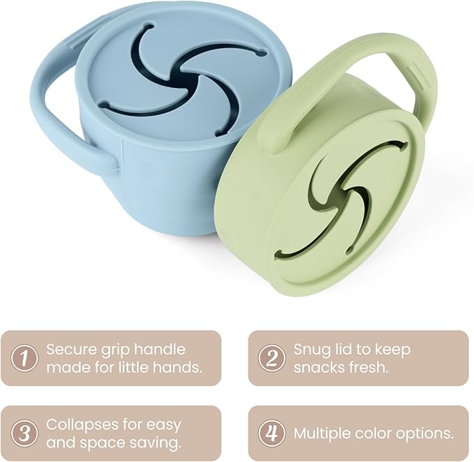 Silicone Snack Cups for Toddlers, Snack Containers with Lids, Foldable Baby Food Catcher with Holders and Dustproof Lid, 2 Pack (Color 3)