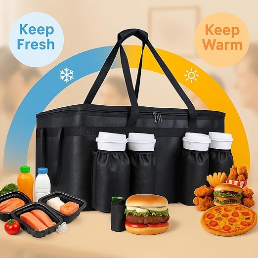 Insulated Food Delivery Bag with 4 Cup Holders, XX-Large Insulated Grocery Bags Keep Food Hot/Cold, Cooler Bags with Drink Carrier, Food Carrier Catering Bag, Commercial Food Warmers, Black