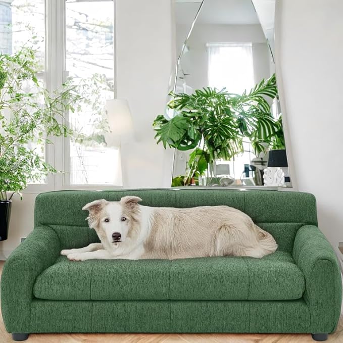 Human Dog Bed with Armrests & Backrest, Cave Dog Bed for Large Dogs, Comfortable Linen Upholstery, Short Sofa Legs for Easy Access, Durable, Stylish Camas para Perros, 38"x14.5"x22" (Green)
