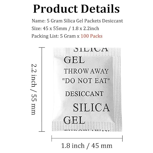 100PCS 5 Gram Premium Silica Gel Packets, Desiccant Packs for Storage, Moisture Absorbers, Humidity Dry Bags, Rechargeable Transparent Silicone Dessicants Dehumidifier for Electronics, Shoes, Jewelry