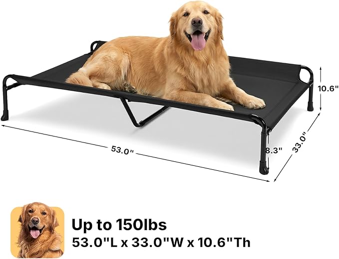 Veehoo Outdoor Dog Bed, 53" XXL Raised Dog Bed, Elevated Dog Bed with Headrest Sides, Washable Cooling Dog Cot with Non-Skid Feet, Breathable Mesh, Portable Pet Hammock for Indoor or Camping, Black