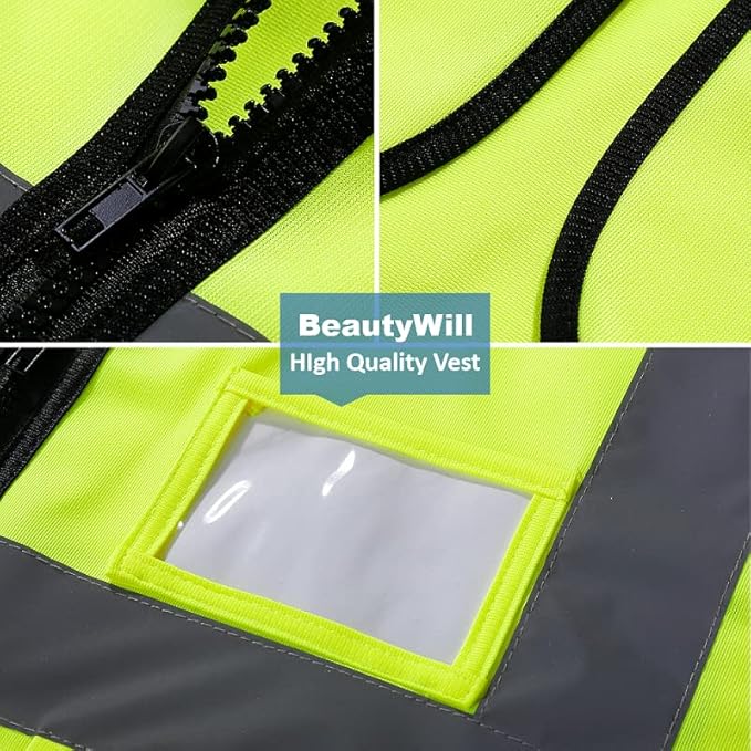 BeautyWill Safety Vest Custom Logo Class2 High Visibility Reflective Vest with 5 Pockets Construction Security Work Vest ANSI/ISEA Standards（Yellow，3XL ）