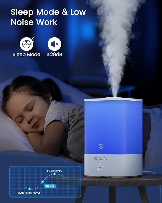 Esemoil Humidifiers for Bedroom, 3.5L Top Fill Cool Mist Humidifier for Baby Nursery & Plants, Oil Diffuser, 40 Hour & 8 Color Night Light, 28dB Quiet, 360° Nozzle, Auto Shut-Off and BPA Free