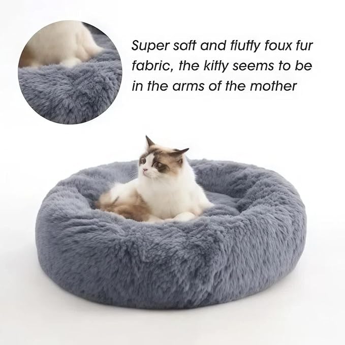 SALAN Calming Donut Dog Bed for Small Dogs and Cats, 16 Inch Round Plush Faux Fur Pet Bed, Washable Fluffy Self Warming Anti Anxiety Cuddler Bed for Puppy, Kitten, Indoor Cats (Brown)