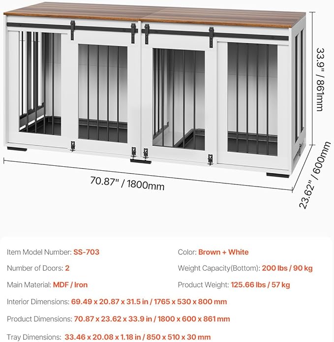 VEVOR 72"Dog Crate Furniture for 2 Dogs,Double Dog Crate Furniture with Double Sliding Doors,Large Dog Crate TV Stand with Removable Tray,Steel Frame Double Dog Crate for Small,Medium,Large Dogs White