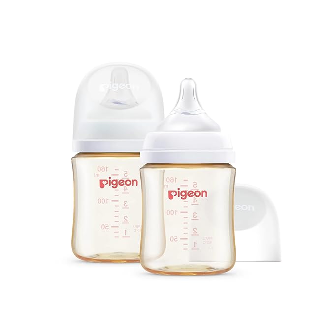 Pigeon PPSU Nursing Baby Bottle Wide Neck, Anti-Colic, Streamlined Body, Natural Feel, Easy to Clean, 5.4 Oz(Pack of 2), Includes 2pcs SS Nipples (0m+)