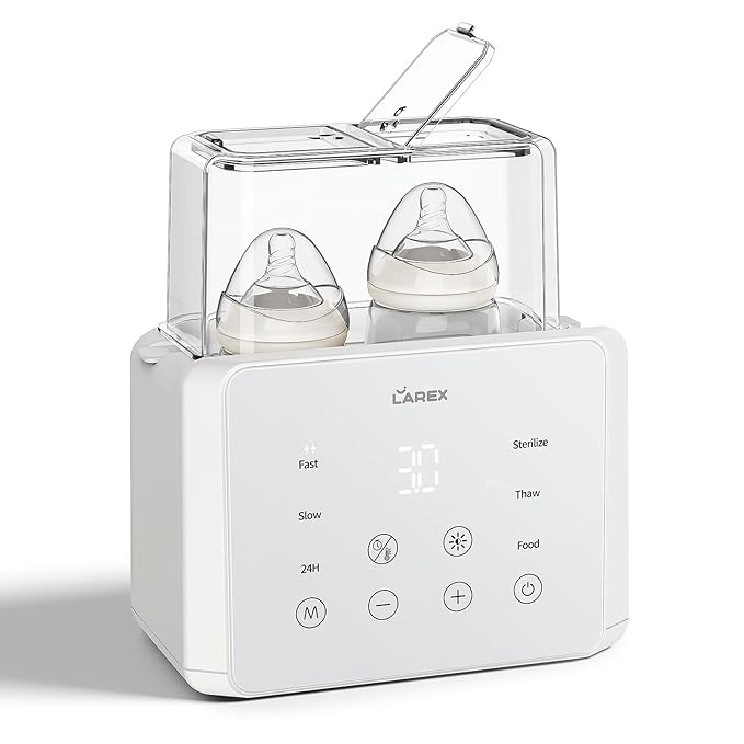 LAREX Double Bottle Warmer, 11-in-1 Fast Baby Bottle Warmer for Breastmilk and Formula, with Timer, Fits 2 Bottles, Accurate Temp Control, Milk Warmer with Thaw, Steri-lizing, Keep Warm, Heat Food