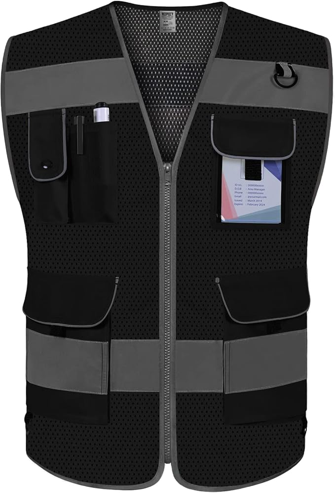 TCCFCCT Mesh Hi Vis Vest, 9 Pockets High Visibility Reflective Safety Vest for Men Women, Safety Construction Vest with Reflective Strips, Meets ANSI/ISEA Standards, (Black, Medium)
