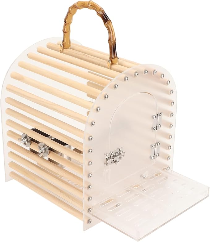 Zerodis Portable Bird Cage, Small Transparent Travel Bird Carrier with Delicate Carrying Handle Grip Wooden Acrylic Stainless Steel Material Birdcage with Lock
