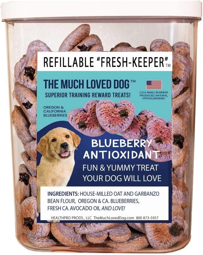 The Much-Loved Dog™ – Natural Fresh-Baked Training Treats in Refillable Airtight Fresh-Keeper™ – U.S.A. Made, Human-Grade Ingredients, Ideal Dog Treats Small Dogs & All Breeds (Blueberry)
