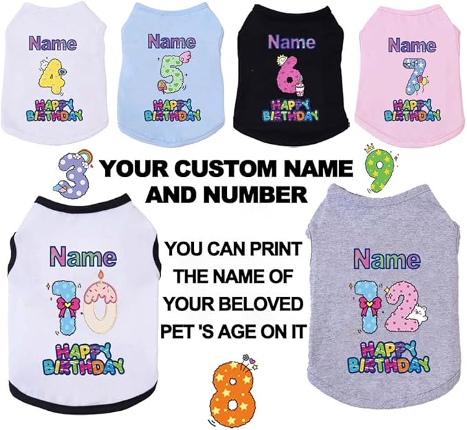 Custom Dog Birthday Shirt,Personalized Pet Apparel Print with Name Age Number,Pet Birthday Outfit,Lightweight Breathable Cotton Vest for Small Medium Large Dogs Cat (Grey, 7X-Large)