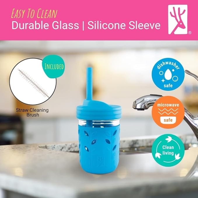 Elk and Friends Kids & Toddler Cups | The Original Glass Mason jars 8 oz with Silicone Sleeves & Silicone Straws with Stoppers | Smoothie Cups | Spill Proof Sippy Cups for Toddlers | 8 Pack