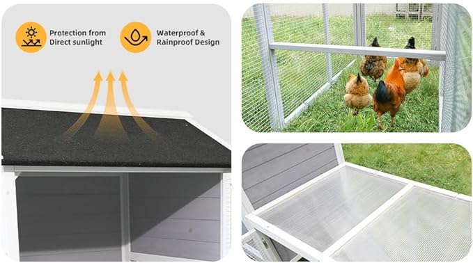 KEIKI 113" Large Outdoor Wooden Chicken Coop with Run and Nesting Box, Waterproof Hen House with Anti-UV Roof, Secure Latches, and Openable Top for Backyard Poultry, Gray