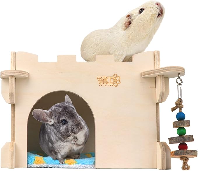 YKD Castle Chinchilla House, Small Animal Hideout for Chinchilla, Guinea Pig, Hedgehog, or Rat, Ventilated Wooden Guinea Pig Hut Habitat with Multiple Doors (Medium)