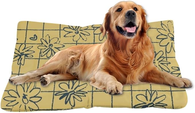 Grid Floral Yellow Vintage Dog Bed Furniture Mattress for Dog Bed Pad Washable Crate Washable Non-Slip Puppy Crate for Kennel Mats Crates Pillows Medium Dogs Indoor Outdoor 36X24 Inch