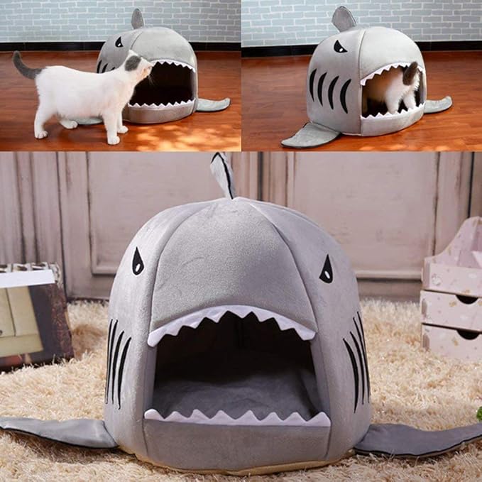 Shark Shaped Pet Dog Puppy Bed Warm Cat Bed House Nest for Autumn Winter Grey XS