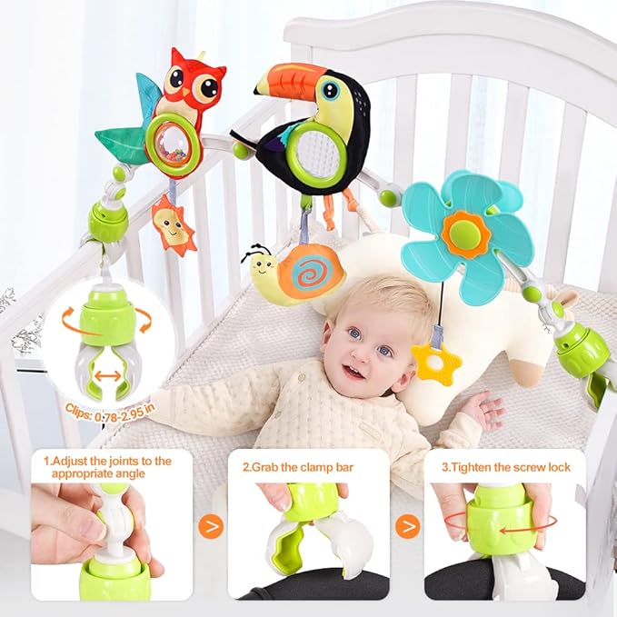 Koty Baby Stroller Arch Toy with Teether, Rattle, Crinkle Sound, Mirror & Music Box, Newborns Sensory Activity Carrier Take-Along Toy, Adjustable for Bouncers, Car Seat & Pram 0M+(Deer)