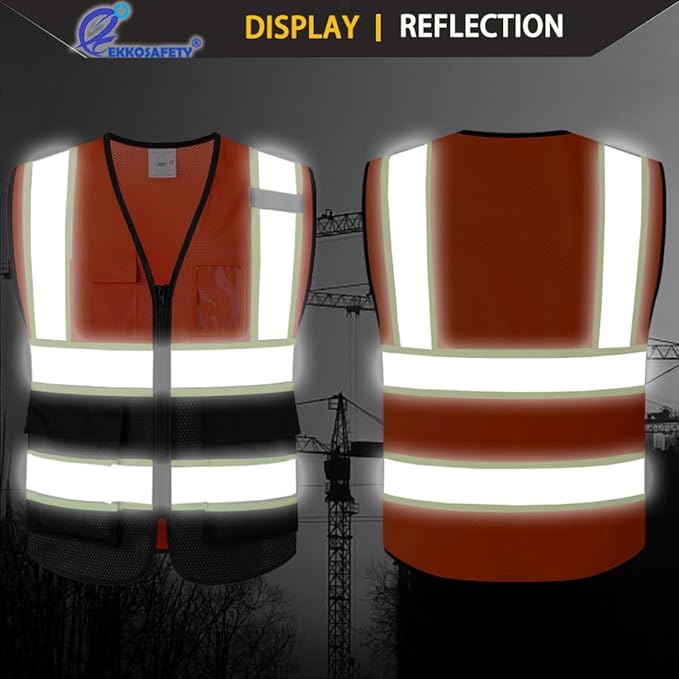 Reflective Mesh Safety Vest for Men Women with 5 Pockets and Zipper Front High Visibility Mesh Vest Hi Vis Construction Work Vest,Meets ANSI/ISEA Standards(EK175-Orangeblack-3XL)