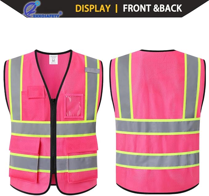 Safety Vest for Men Women,Mesh High Visibility Construction Work Vest with Reflective Strips,Meets ANSI/ISEA Standards(EK175-Mesh-Hot Pink-L)
