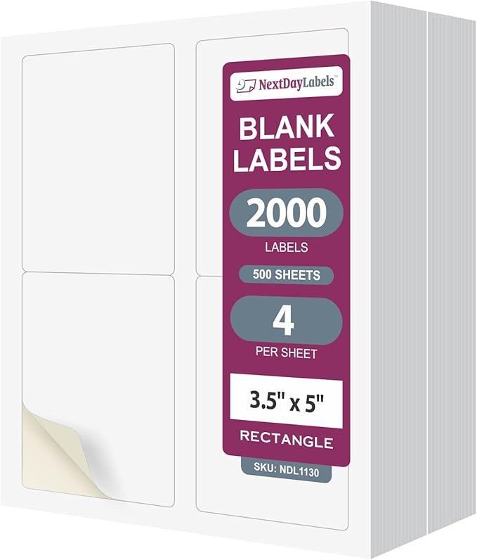 NextDayLabels – 3.5" x 5" Rectangular Sticker Labels for Printer - White Laser/Inkjet Printer Labels Return Address Labels Shipping Label Stickers (500 Sheets, 4 Per Sheet, 2000 Labels)