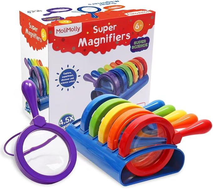 Kids Jumbo Magnifying Glass with Stand- 6 Pieces,Ages 3+, Easy Grasp Primary Science Magnifiers with Stand,Science Classroom Accessories, Teacher Supplies, Observation Toys for Kids