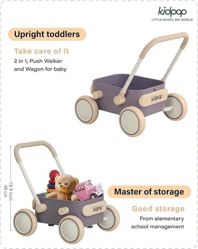 Kidpop PULA 2-in-1 Push and Pull-Along Wagon, Baby Push Walker for First Learner from 7 Month to 4 Year, One Year Birthday Gifts, Sturdy and Safe, Indoors and Outdoors (Purple)