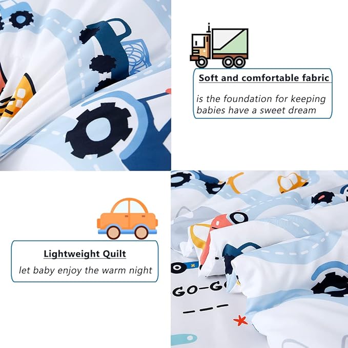 PERFEMET Car Toddler Bedding Kids 4 Pieces Bed in A Bag for Boys Vehicles Truck Toddler Girl Comforter Sets with Bed Sheets Modern Bedroom Collection, White