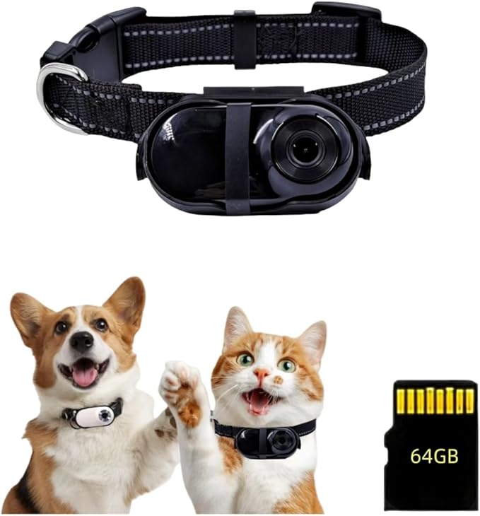 WHALPAW HD 1080P Pet Camera Collar - 64GB Mini Action Cam for Cats/Dogs, Wearable Body Camera with 170° Lens & Adjustable Clip, No WiFi Needed (Black 64G)