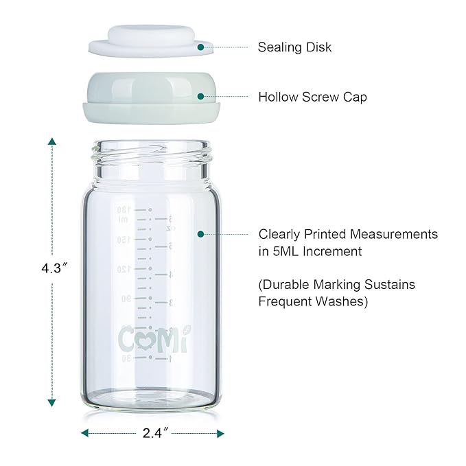 COMI Wide Neck Glass Breastmilk Collection n Storage Bottle, 6oz with Screw Ring Sealing Disk; Re-markable Sealing Disc. BPA Free, Fits Breast Pumps & Nipples (Gray Lids)