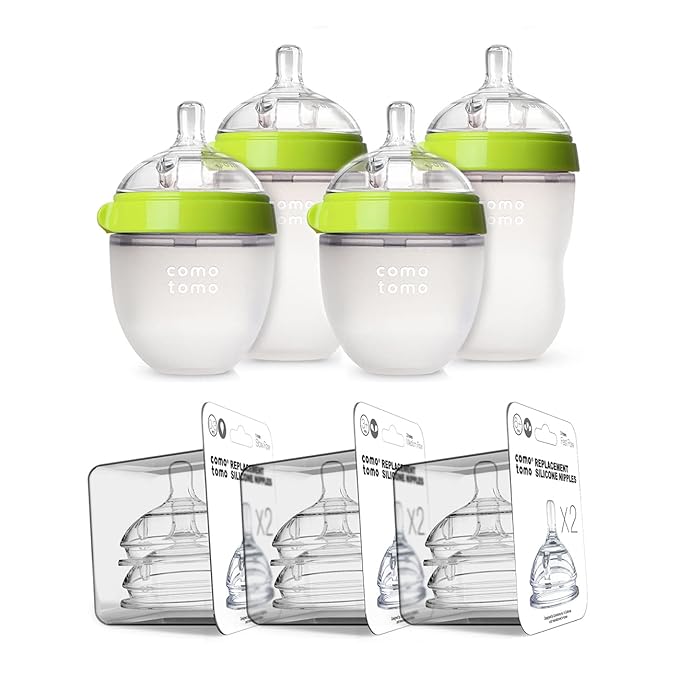 Comotomo Baby Bottle Bundle, Green, (7 Piece Set)