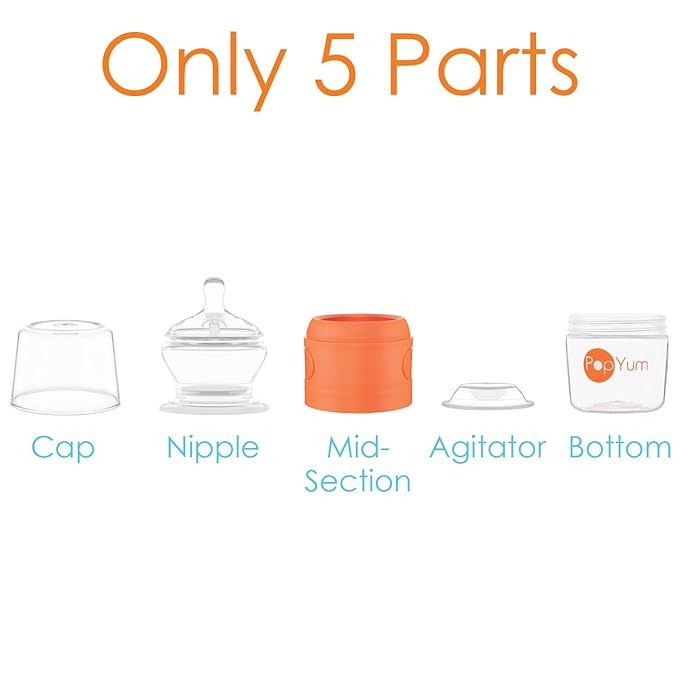 PopYum 5 oz Orange Anti-Colic Formula Making/Mixing/Dispenser Baby Bottles, 3-Pack with #1 Slow Flow Nipples, 150 ml, BPA-Free, Natural Latch