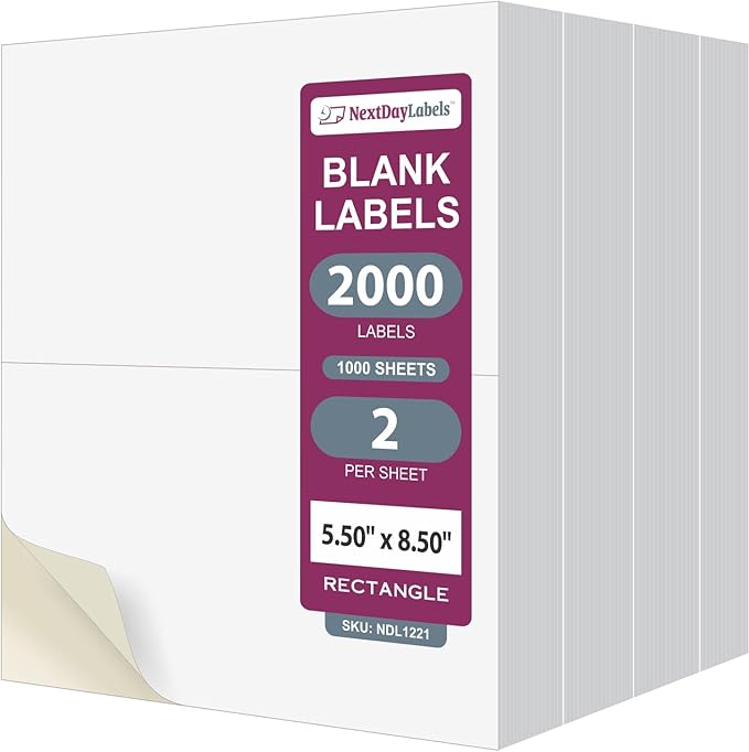 NextDayLabels – 8-1/2" x 5-1/2" Rectangular Sticker Labels for Printer - White Laser/Inkjet Printer Labels Return Address Labels Shipping Label Stickers (1000 Sheets, 2 Per Sheet, 2000 Labels)
