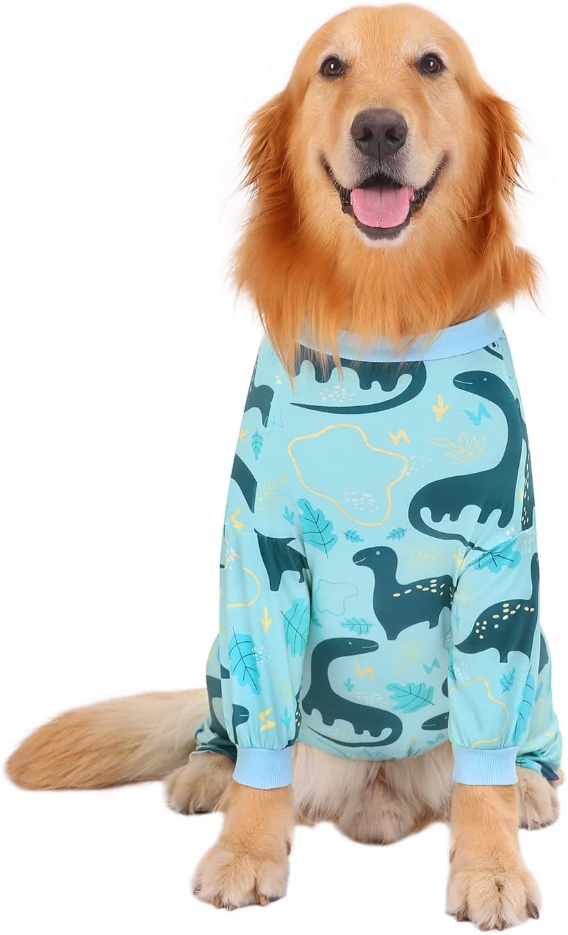 HDE Dog Pajamas One Piece Jammies Jumpsuit Pet Clothes Outfit Stretchy Lightweight Comfy Shirt Pjs for M-3XL Dogs Dinosaurs - M