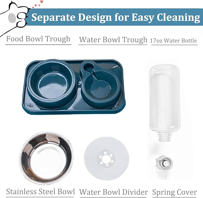 Dog Bowls, Non-Slip Puppy Cat Food and Water Bowl Set with Water Dispenser and Stainless Steel Bowl Detachable Gravity Pet Feeder and Waterer Set for Dogs (Pink, 1000ML)