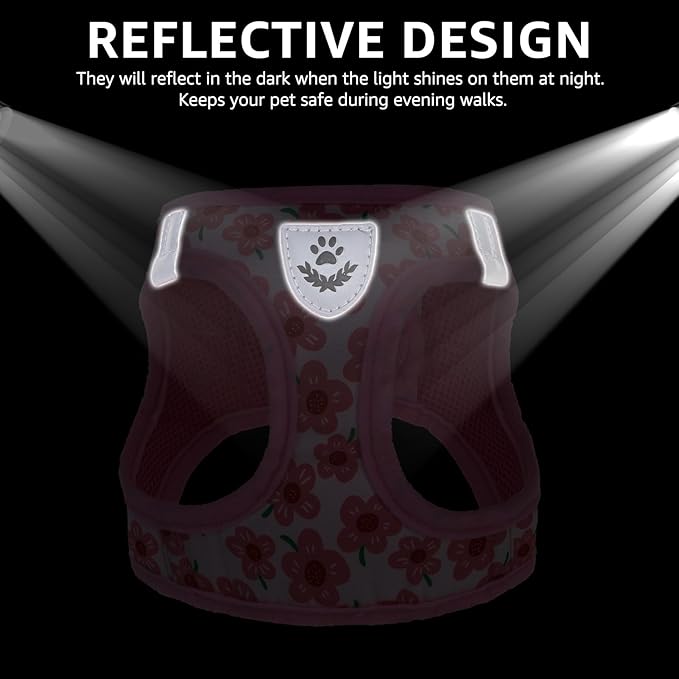 SCENEREAL Small Dog Harness and Leash Collar Set, Step in Soft Light Puppy Vest, Breathable Pet Harness for Small Sized Dogs, No Chock Reflective for Safe Outdoor Walking, Pink Flower M