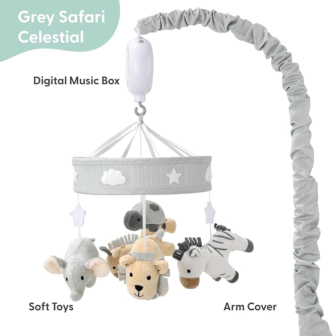 The Peanutshell Crib Mobile for Boys or Girls - Grey Musical Baby Crib Mobile with 12 Lullabies, Lion, Elephant, Zebra, Safari Plush Toys Hanging, Infant Baby Mobile Crib, Safari Nursery Decor