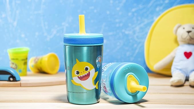 Zak Designs Baby Shark Kelso Tumbler Set, Leak-Proof Screw-On Lid with Straw, Bundle for Kids Includes Plastic and Stainless Steel Cups with Bonus Sipper (3pc Set, Non-BPA)15 fl oz.