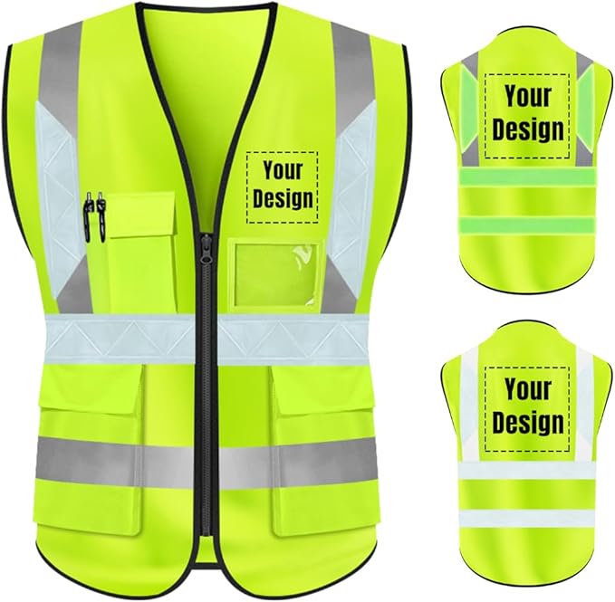 YOWESHOP High Visibility Safety Vest Custom Your Logo Protective Workwear 5 Pockets With Reflective Strips Outdoor Work Vest (XL, Yellow Luminous)