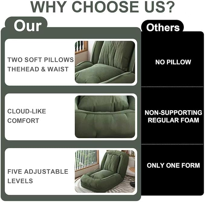 Adjustable 5-Position Human Dog Bed for People, Big Comfy Plush Floor Gaming Lazy Sofa Chair with Pillows & Back Support, Foldable Lounge Loveseat Couch for Living Room Bedroom (Green①)