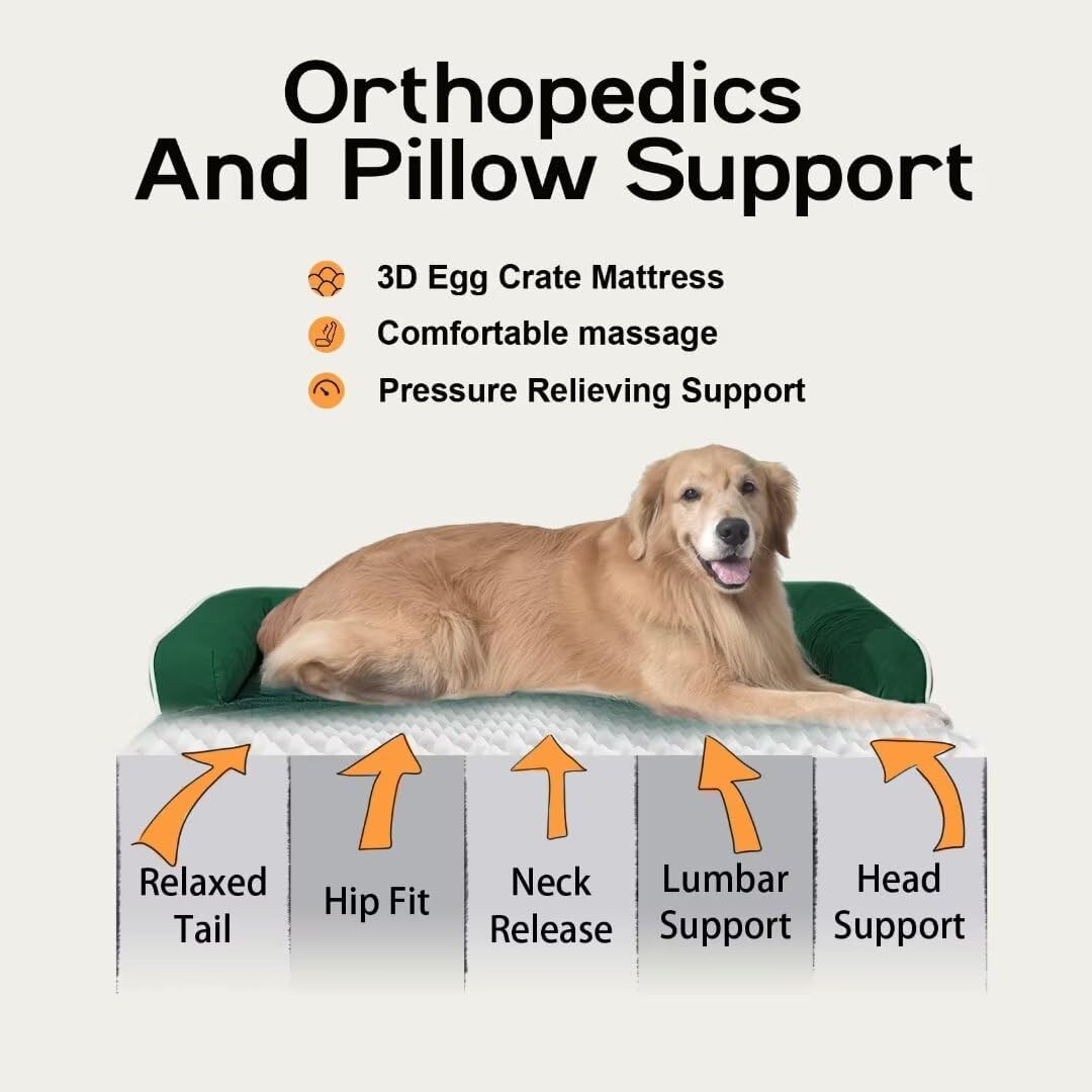 Large Dog Bed Orthopedic Washable Extra XXXLarge Big Dog Bed with Washable Bolster & Memory Foam Couch Sofa - Waterproof with Removable Cover - Emerald