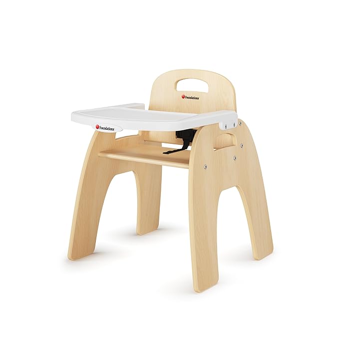 Foundations Easy Serve 13" Wood Feeding Chair for Toddlers, Adjustable Harness, Removable Dishwasher Safe Tray, “No Tip” Base, Baltic Birch Plywood