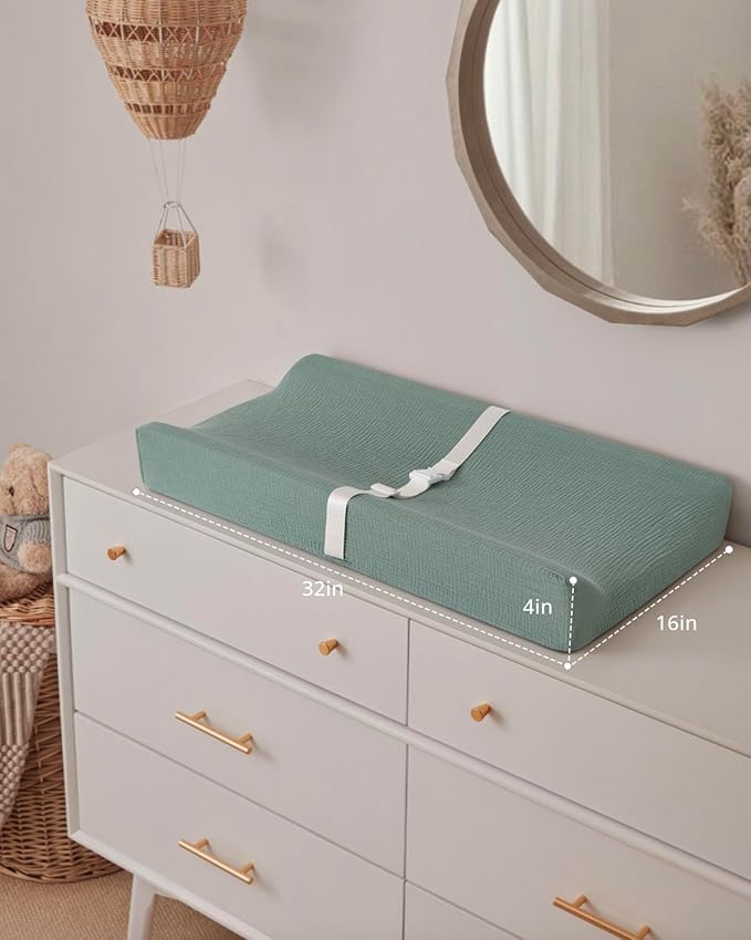 Blissful Diary Muslin Baby Changing Pad with Waterproof Lining Foam, Diaper Changing Table Pad with Cover for Dressers (Roman Green, Rectangular)