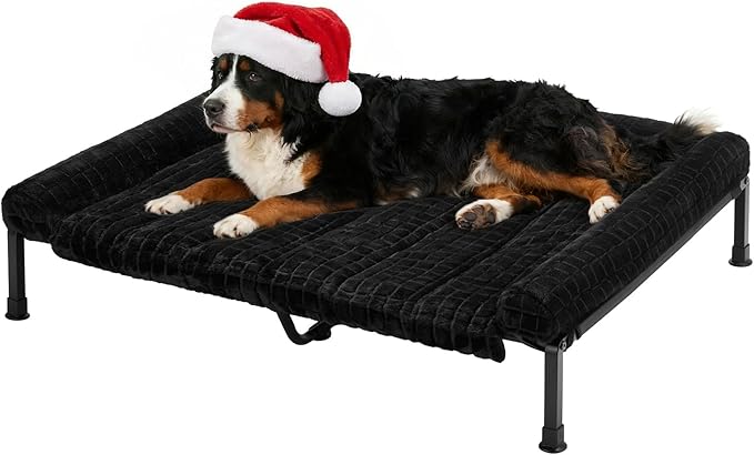 Veehoo Elevated Dog Beds Large Sized Dog with Fluffy Plush Bolster Cushion, Washable Orthopedic Dogs Couch Bed, Raised Pet Cot with Removable Mat, Breathable Mesh, No-Slip Feet, 53 x 37 inches, Black